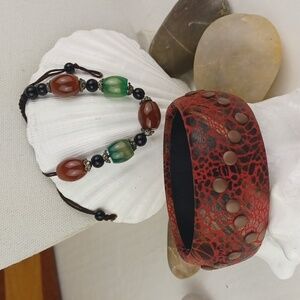 VTG Boho Rustic Red Copper Studded Snake Skin Bangle & Glass Bead Bracelet